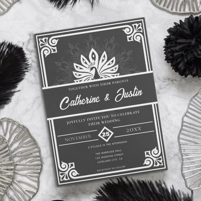 Modern Art Deco Peacock White and Black Wedding Invitation (Creator Uploaded)