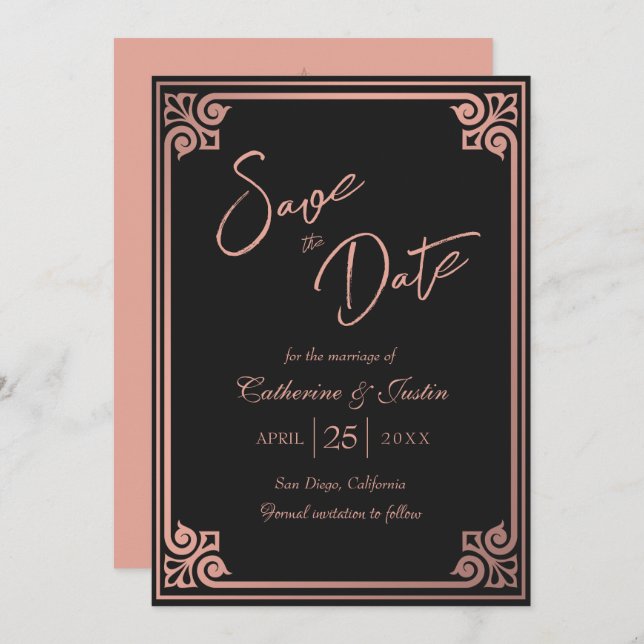 Modern Art Deco Pink Black Peacock Photo Wedding Save The Date (Front/Back)