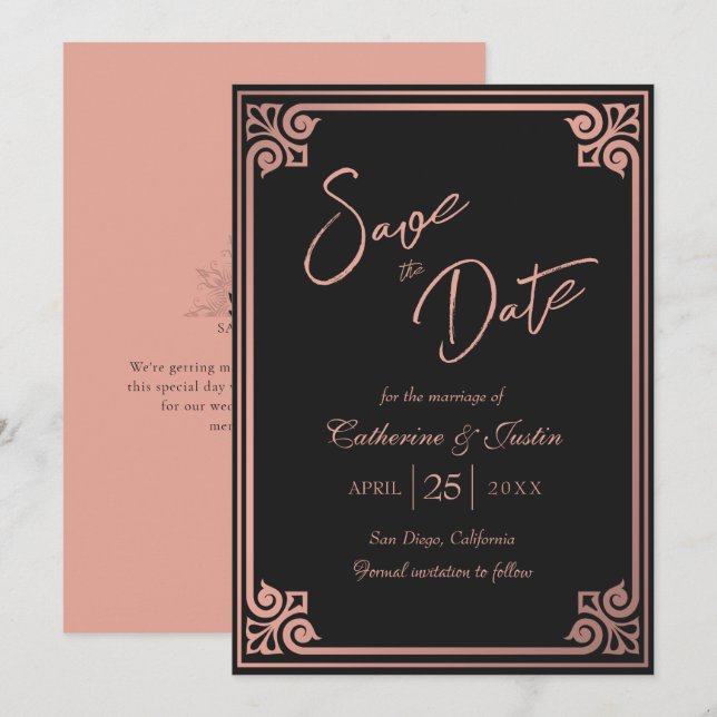 Modern Art Deco Pink Black Peacock Wedding Save The Date (Front/Back)