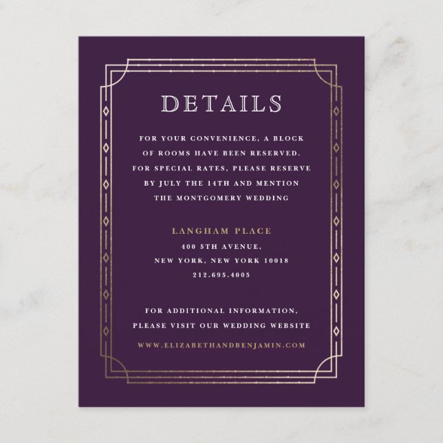 Modern Art Deco Plum Gold Foil Wedding Details Enclosure Card (Front)