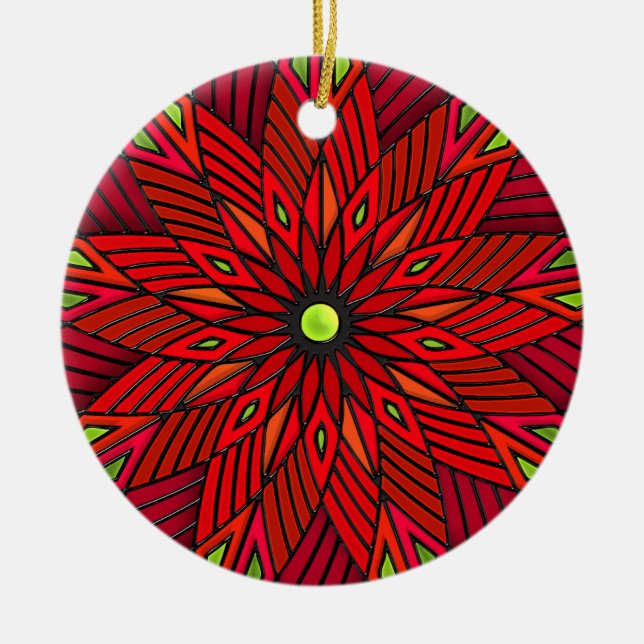 Modern Art Deco Poinsettia - Round (Personalized) Ceramic Tree Decoration (Front)