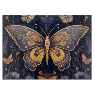 Modern Art Deco Purple Blue Gold Butterfly Cutting Board