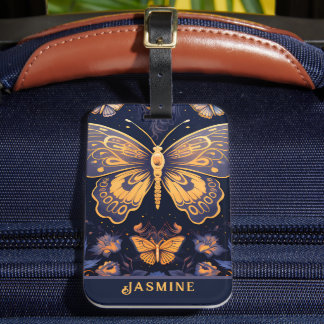 Modern Art Deco Purple Blue Gold Butterfly Luggage Tag