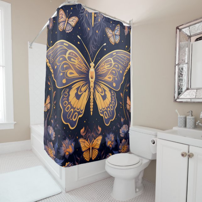 Modern Art Deco Purple Blue Gold Butterfly Shower Curtain (In Situ)