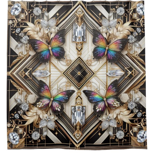 Modern Art Deco Rainbow Butterfly Shower Curtain (Front)
