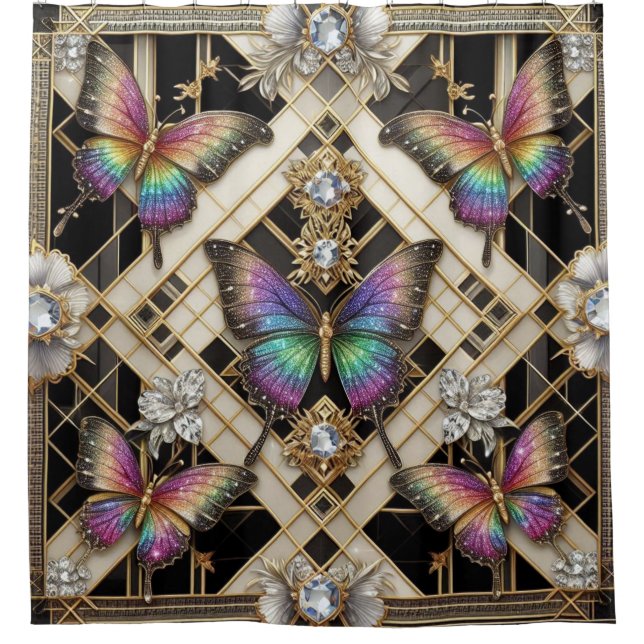 Modern Art Deco Rainbow Butterfly Shower Curtain (Front)