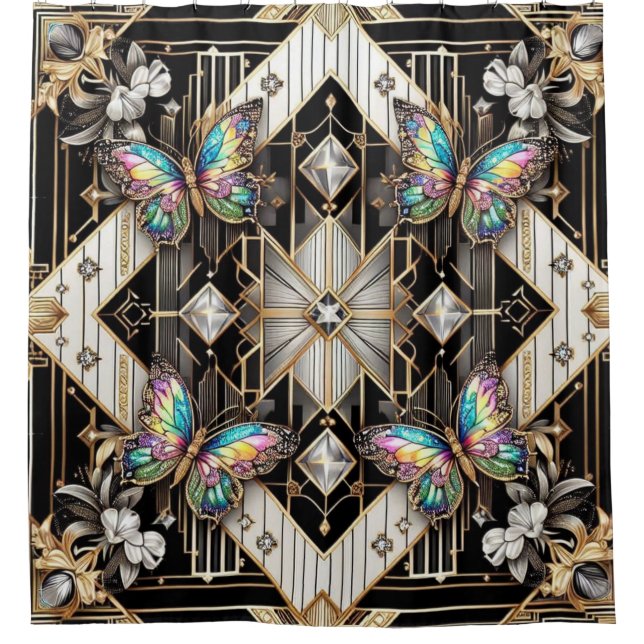 Modern Art Deco Rainbow Butterfly Shower Curtain (Front)