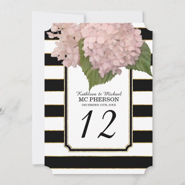 Modern Art Deco Style Hydrangea Faux Gold Striped Invitation (Front)