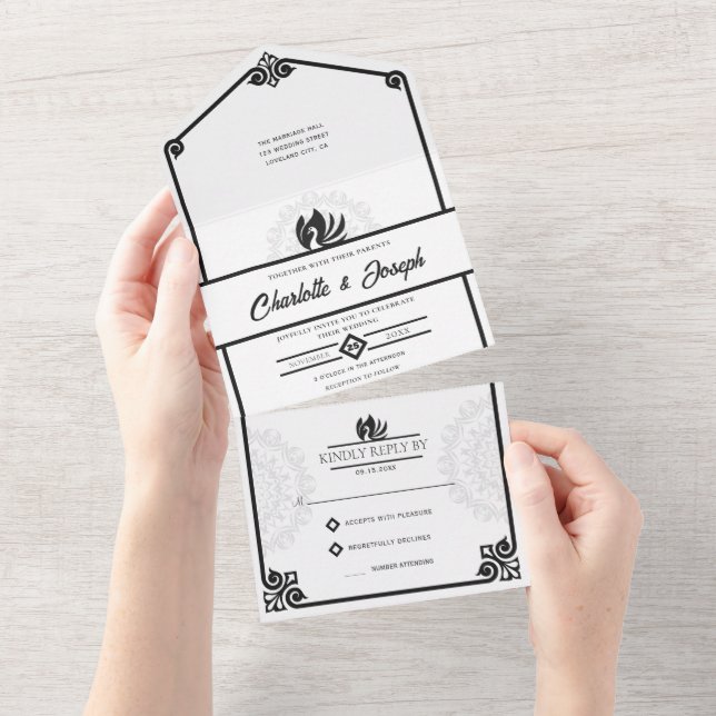 Modern Art Deco Swan Black and White Wedding All In One Invitation (Tearaway)