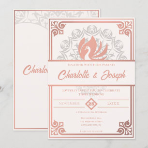 Modern Art Deco Swan Blush Rose Pink Wedding Invitation