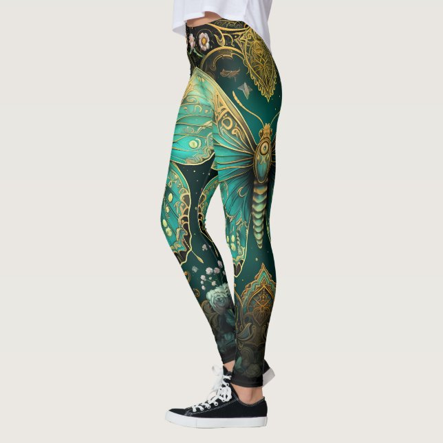Modern Art Deco Teal Blue Gold Butterfly Yoga Leggings (Left)