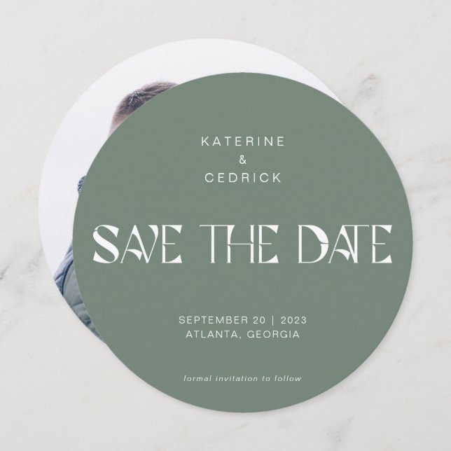 Modern Art Deco Typography Round Circle Sage Save The Date (Front/Back)