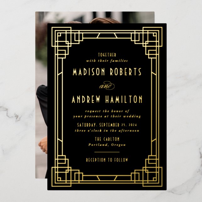 Modern Art Deco Wedding Black and Gold (Front/Back)