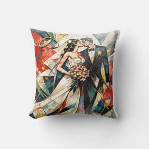 Modern Art Deco Wedding Couple Illustration Cushion