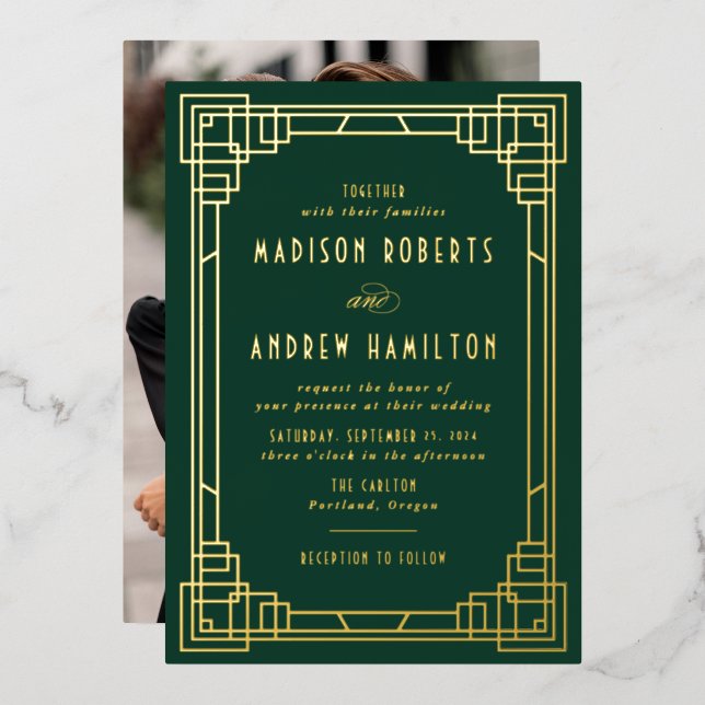 Modern Art Deco Wedding Green and Gold (Front/Back)