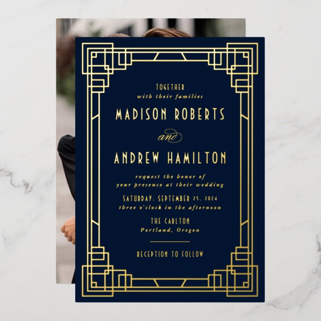 Modern Art Deco Wedding Navy and Gold (Front/Back)