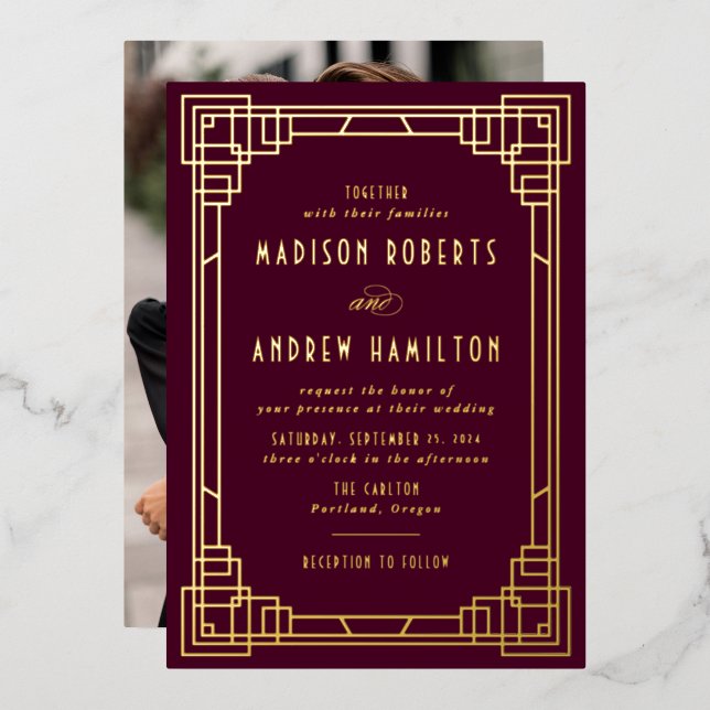 Modern Art Deco Wedding Wine and Gold (Front/Back)