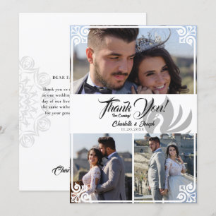 Modern Art Deco White Swan 3 Photo Wedding Thank You Card