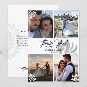 Modern Art Deco White Swan 4 Photo Wedding Thank You Card
