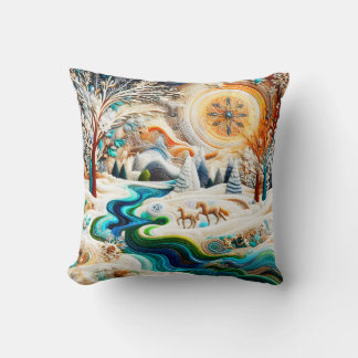 Modern Art Embroidered Horses in Winter Landscape Cushion