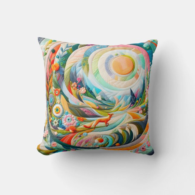 Modern Art Embroidered Look Spring Landscape Cushion (Front)