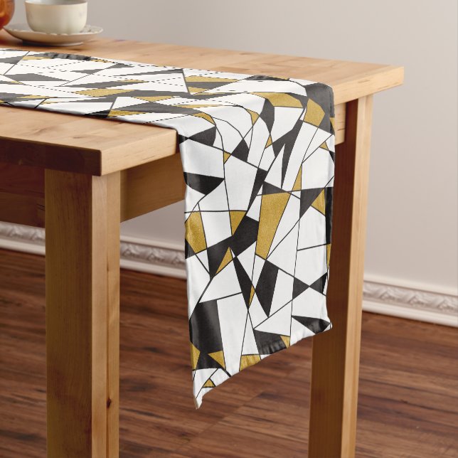 Modern Art Geometry -black and white with gold- Long Table Runner (In Situ)