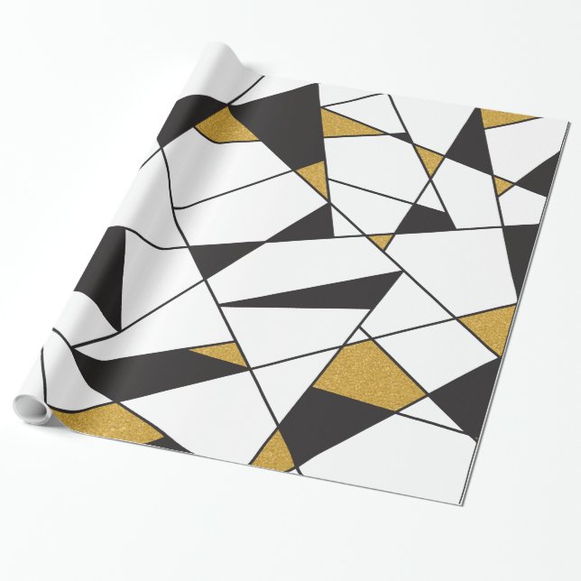 Modern Art Geometry -black and white with gold- Wrapping Paper (Unrolled)