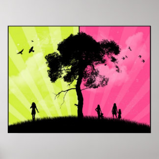 Modern Art - Green and Pink Sky With Tree Poster