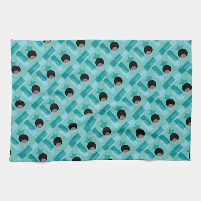Modern Art Kitchen Towel in Aqua and Black (Horizontal)