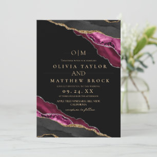 Modern Art Maroon Black Gold Agate Wedding Invitation