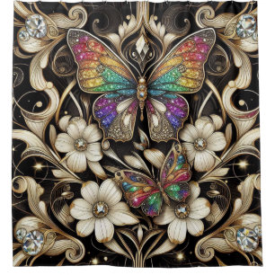 Modern Art Nouveau Rainbow Butterfly Shower Curtain