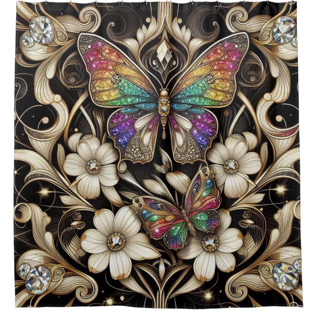 Modern Art Nouveau Rainbow Butterfly Shower Curtain (Front)