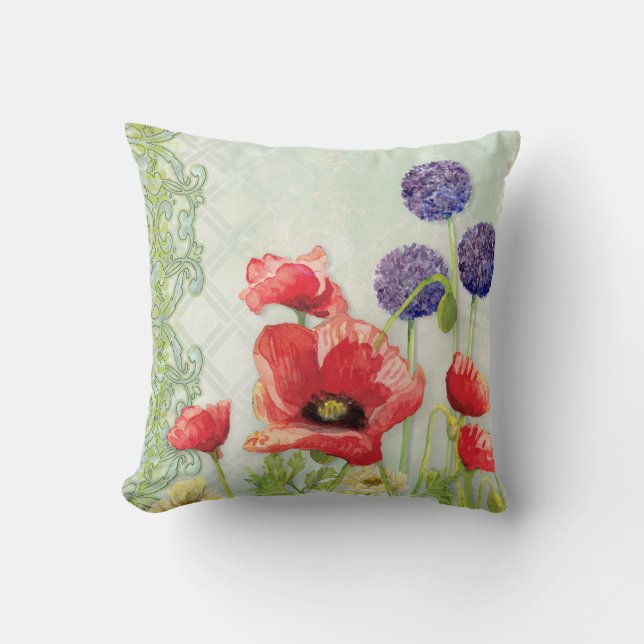 Modern Art Nouveau Red Poppy Purple Geometric Art Cushion (Front)