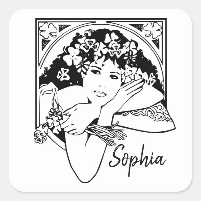 Modern Art nouveau style shamrock girl black white Square Sticker (Front)