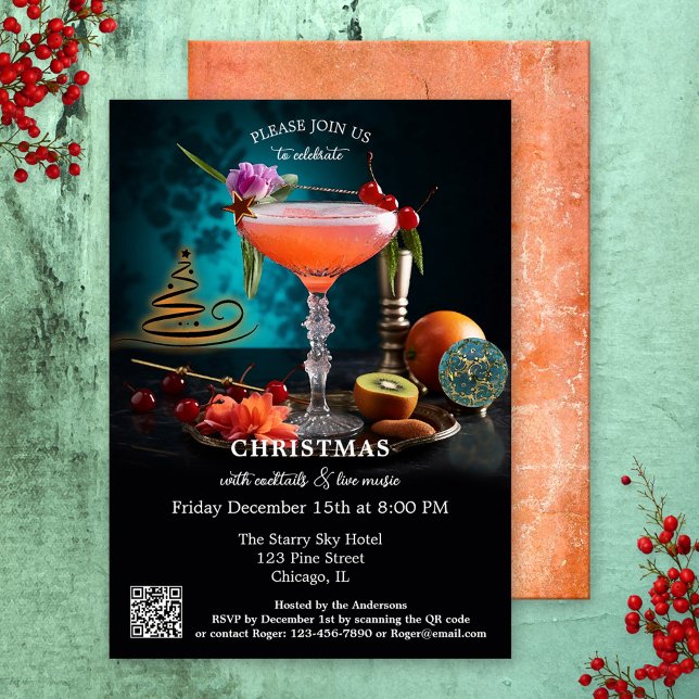 Modern Art Original Cocktail Christmas Holiday Invitation (A modern art Christmas holiday invitation showing a still life with a festive cocktail. With QR code)