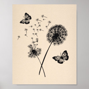 Modern Art Pink Black Dandelion Wishes Butterflies Poster
