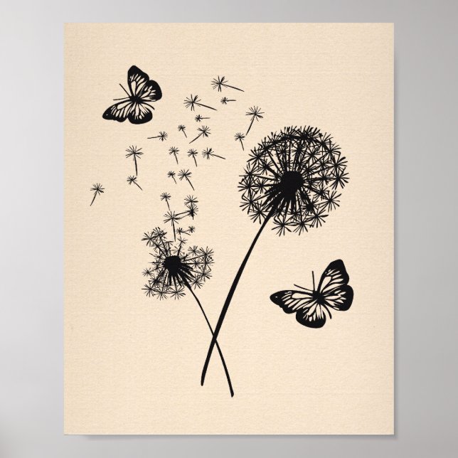 Modern Art Pink Black Dandelion Wishes Butterflies Poster (Front)