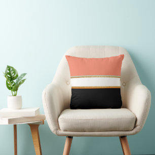Modern Art Print Lines and Gold Peach and Black Cushion