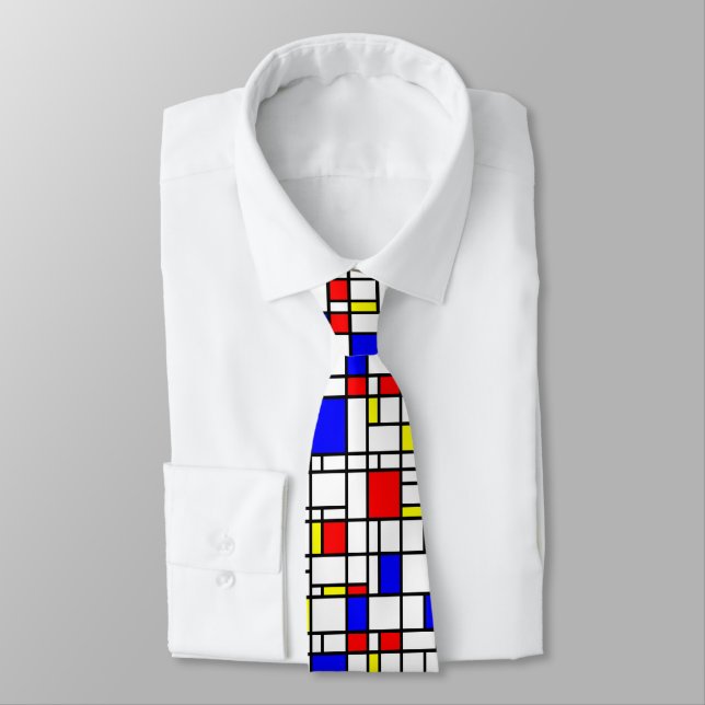 Modern Art Red Yellow Blue Grid Pattern Neck Tie (Tied)