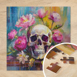 Modern Art Still Life Abstract Skull and Flowers Jigsaw Puzzle<br><div class="desc">A modern impressionist-style painting depicting a still life of a skull surrounded by vibrant flowers in bright pastel colours. The soft yet lively brushstrokes blend shades of pink, green, blue, and yellow, creating a contrast between the delicate florals and the stark, symbolic skull. This artwork offers a fresh take on...</div>