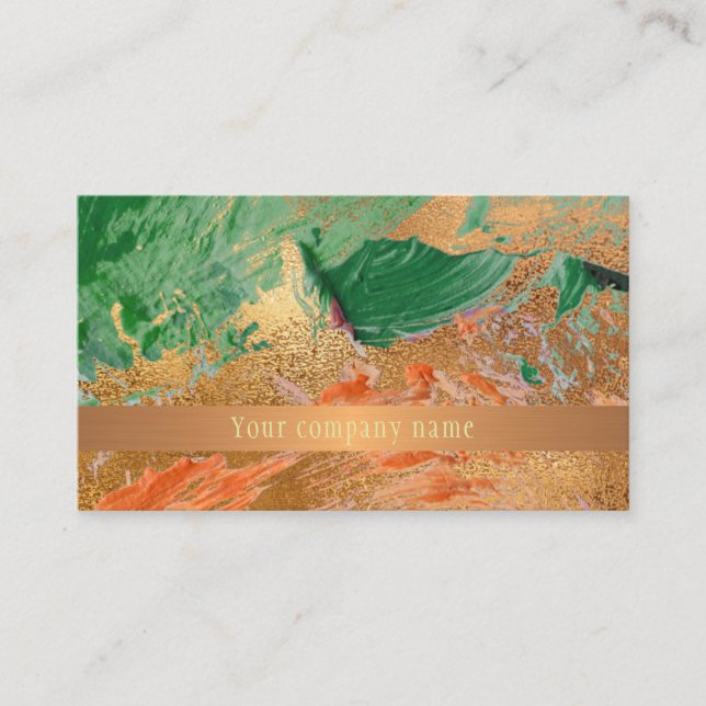 Modern art strokes copper gold green company name  business card (Front)