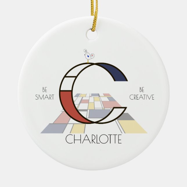 Modern Art Style Monogram. Letter С Ceramic Tree Decoration (Front)