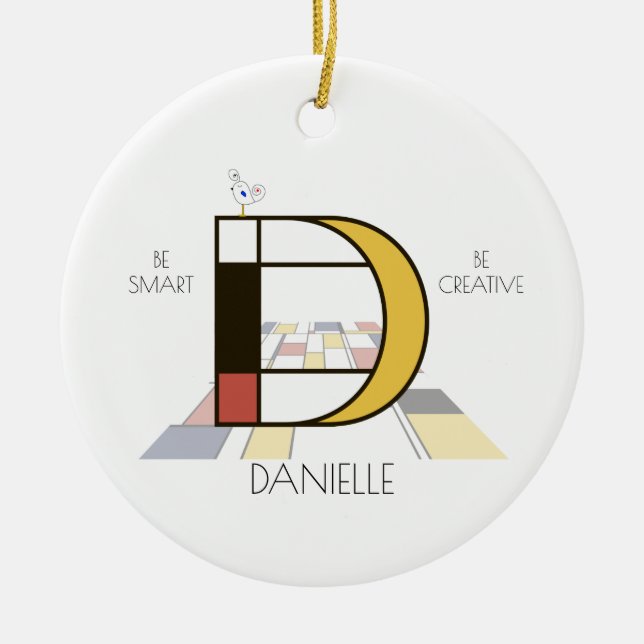 Modern Art Style Monogram. Letter D Ceramic Tree Decoration (Front)