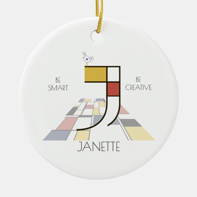 Modern Art Style Monogram. Letter J Ceramic Tree Decoration (Front)