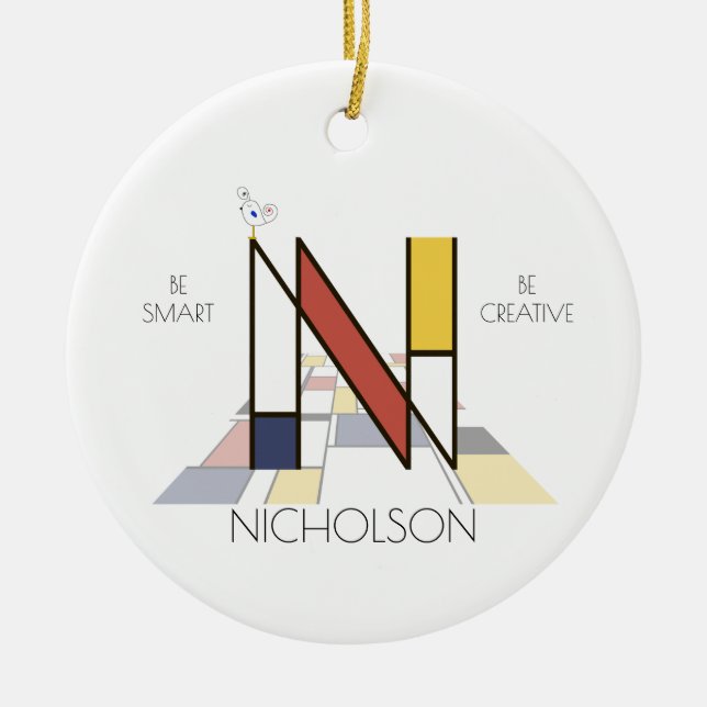 Modern Art Style Monogram. Letter N Ceramic Tree Decoration (Front)