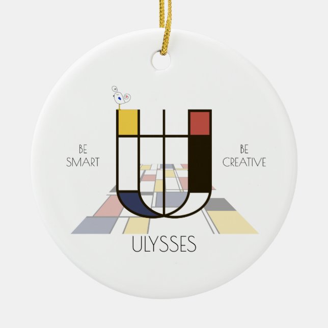 Modern Art Style Monogram. Letter U Ceramic Tree Decoration (Front)