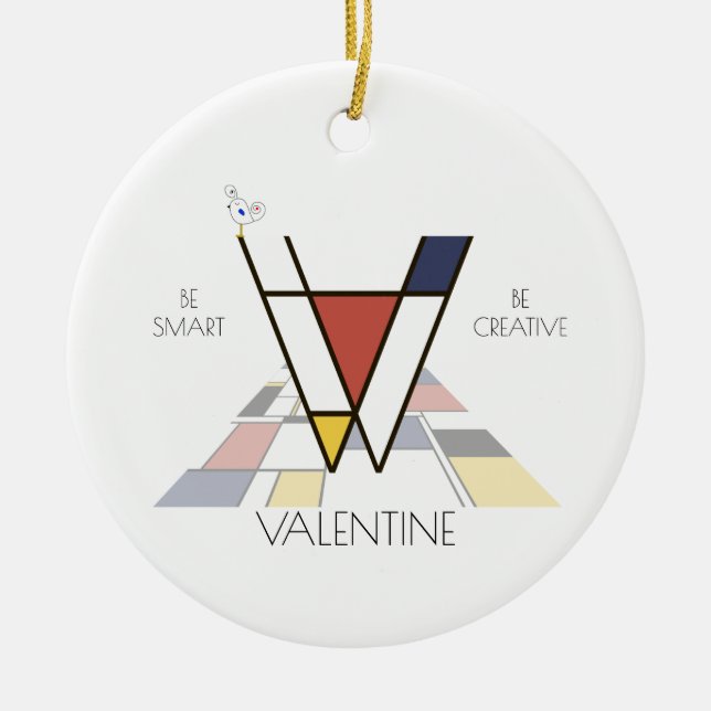 Modern Art Style Monogram. Letter V Ceramic Tree Decoration (Front)