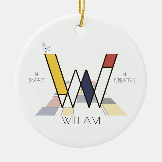 Modern Art Style Monogram. Letter W Ceramic Tree Decoration (Front)