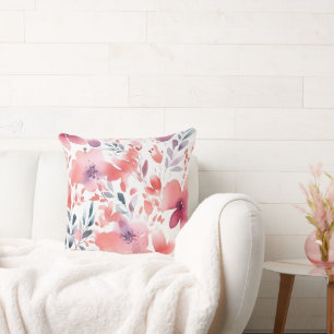 Modern Art Teal, Coral, Plum Floral Cushion