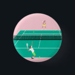 Modern Art Tennis Match Player Pink Green   3 Cm Round Badge<br><div class="desc">Modern tennis match illustration of a two tennis players on a pastel pink and green tennis court. Summer abstract classic preppy tennis illustration design. Modern trendy tennis gifts for him and her. Personalised Gift for a tennis player. Trendy tennis theme players home decor. Trendy modern tennis themed player gifts. Cool...</div>